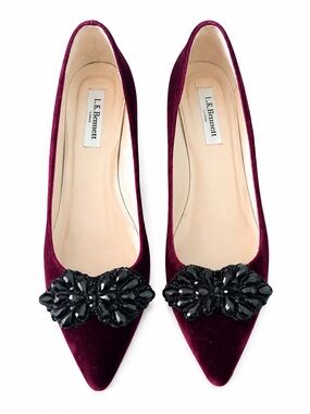 L.K. Bennett Burgundy Velvet Embellished Pointed-Toe Kitten Heels | EU 37.5